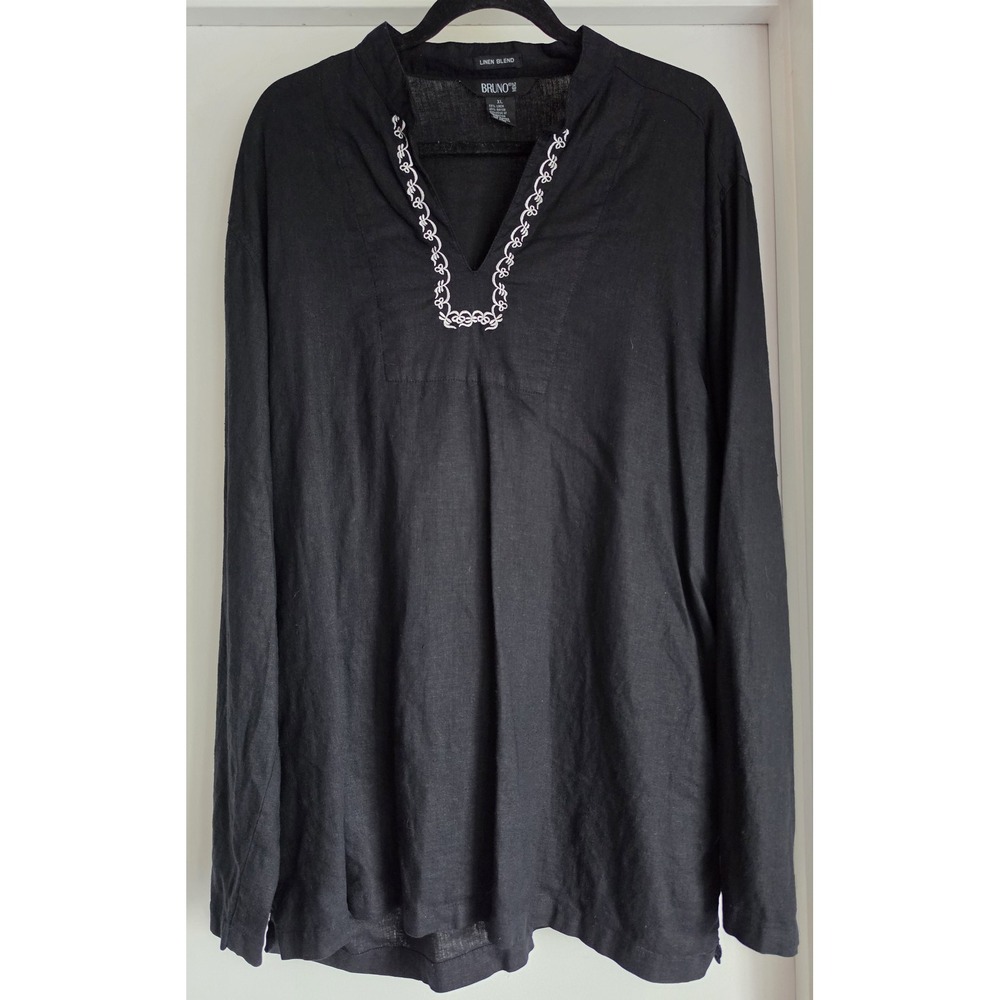 Bruno Men XL Black Long Sleeve Linen Button-Up Shirt Top Blouse Button-Down